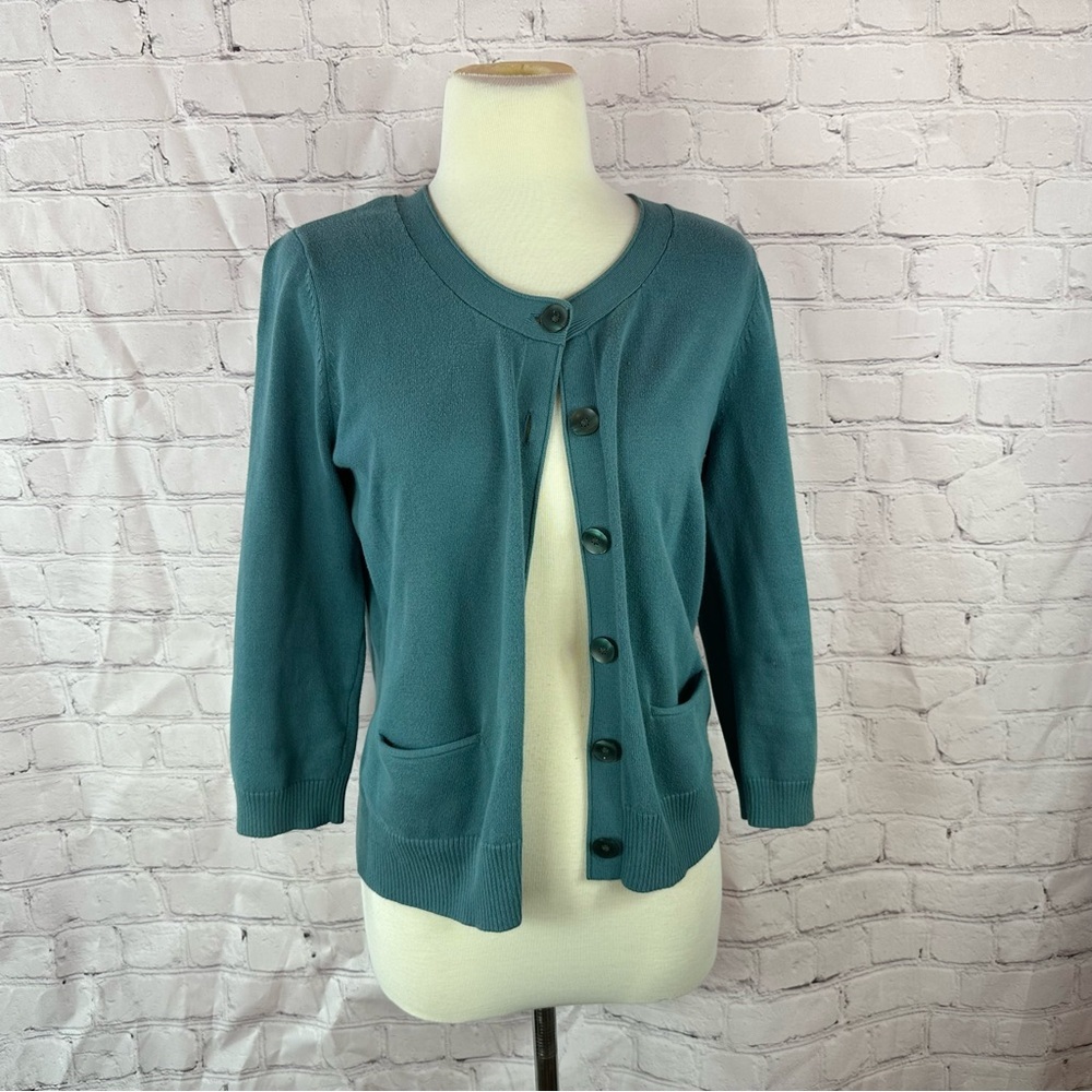J. Jill dusty Teal Button-Up Cardigan sweater women S layer minimalist